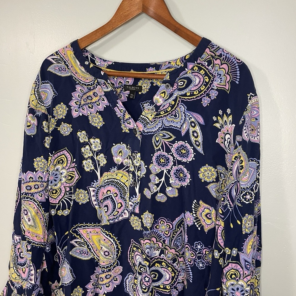 Talbots Floral Shirt Petite 3Xp Womens Paisley Navy Pink Long Sleeve Rayon - Picture 2 of 7